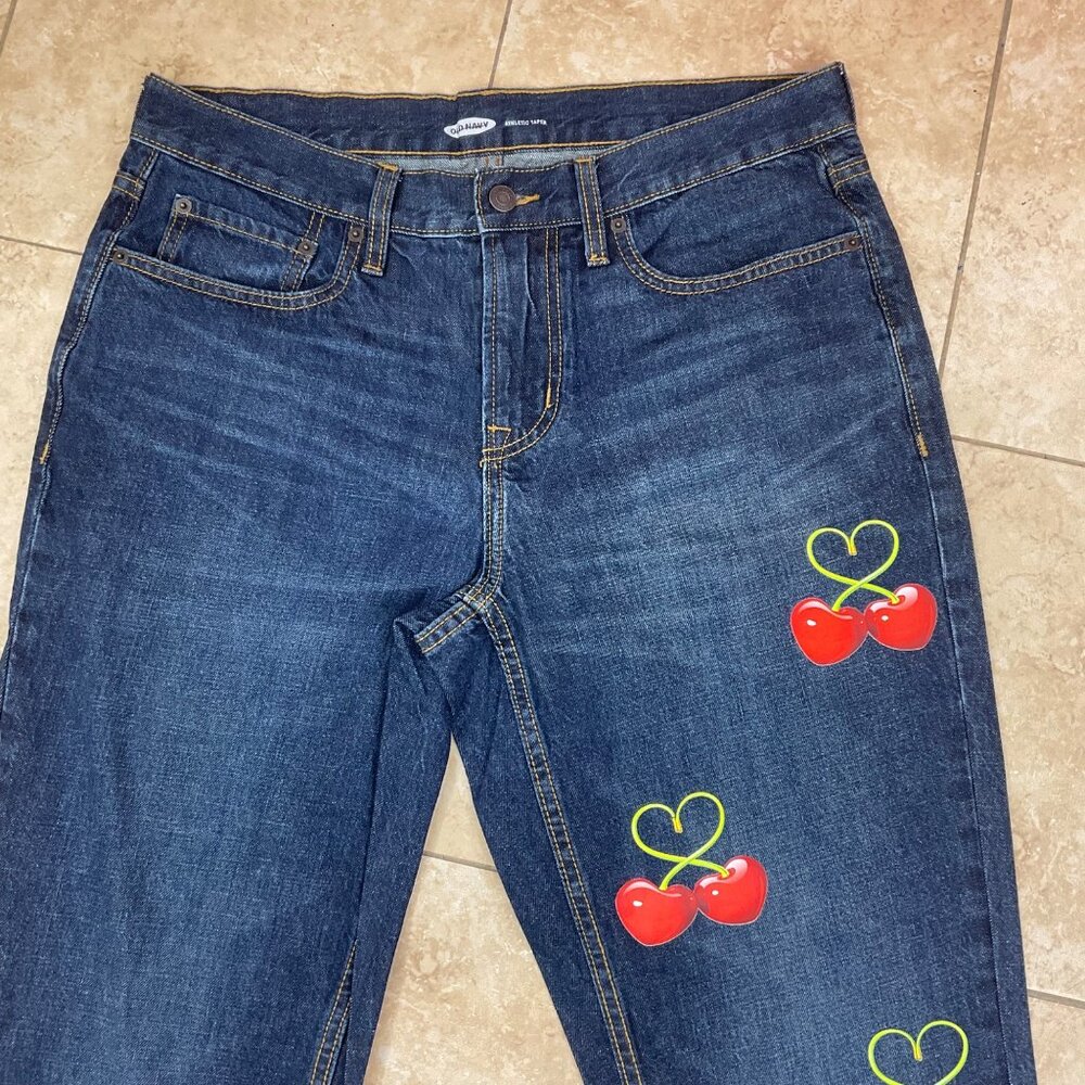 Dark Blue Denim Jeans – Athletic Taper -Cherry Heart Design on Left Leg-34x36